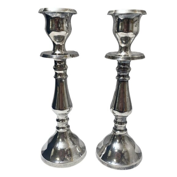 POTTERY BARN Candlesticks Pair Silvertone Metal 8.5" Candle Holders - Picture 1 of 7